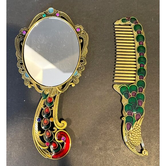 Beautiful Cloisonne Brass Peacock Mirror and Comb Set New main image 8